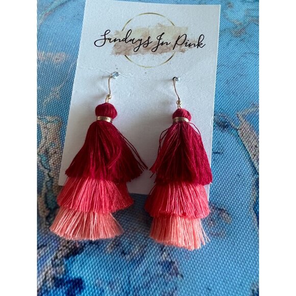 SASHA Red Coral Tiered Tassel Earrings NEW - Picture 2 of 3